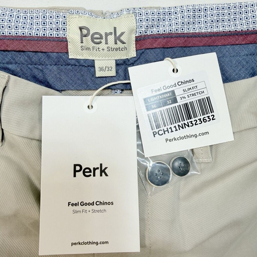 Perk Feel Good Chinos 36 X 32 Light Khaki Slim Fit Stretch Preppy Minimalist NWT - Picture 8 of 11